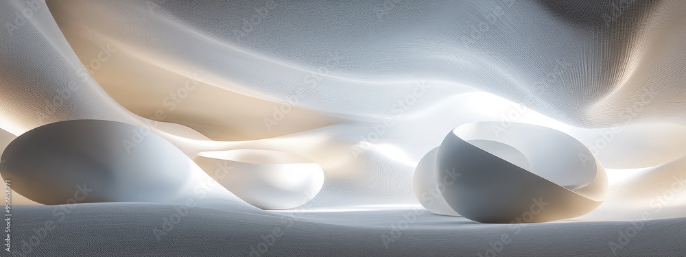 Poster abstract dynamic interior featuring smooth white objects within a dark space 3d rendering and illust