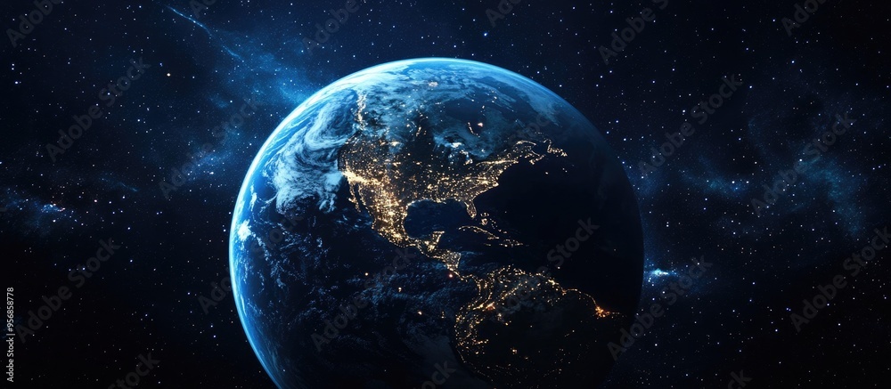 Aufkleber Nightly Earth in outer space collage featuring a 3D cartoon rendering Abstract wallpaper showcasing city lights on the planet and civilization