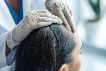 Naklejka premium A Dermatologist's Gentle Touch: Examining a Patient's Scalp for Signs of Hair Loss or Skin Conditions.