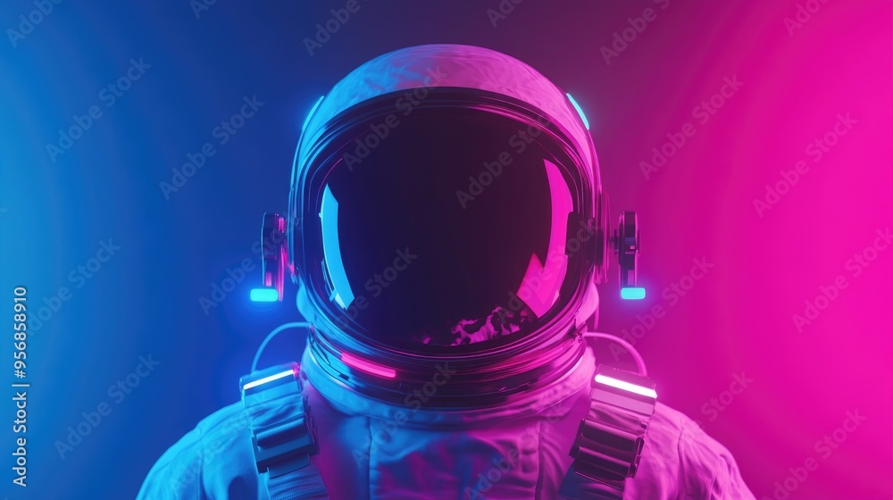 Poster colorful visor and white spacesuit astronaut in a 3d cartoon rendering featuring pink and blue moody