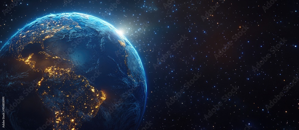 Poster 3d cartoon rendering showcasing a blue planet earth from space highlighting the continent at night f
