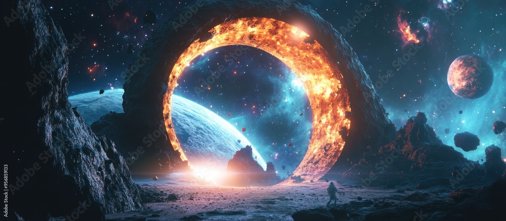 Leinwandbilder 3d cartoon rendering of a fantasy portal leading astronauts to explore new galaxies and distant worl
