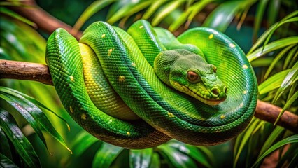 Obraz premium A vibrant green tree python snake wraps its body around a thick branch, blending seamlessly into the lush, tropical foliage of its natural habitat.