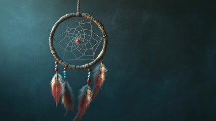 3D rendering of a handmade dream catcher featuring feathers threads and beads hanging from a rope