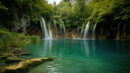 The tranquil waters of the Plitvice Lakes in Croatia, with cascading waterfalls and lush greenery, entirely empty of tourists.