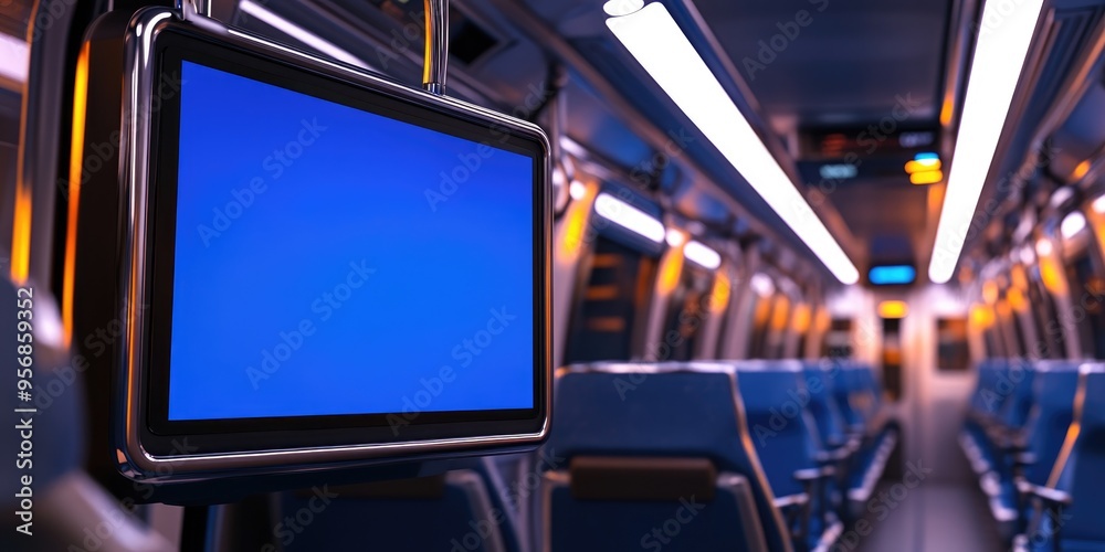 Wall mural 3d rendering of a blue screen monitor inside a train