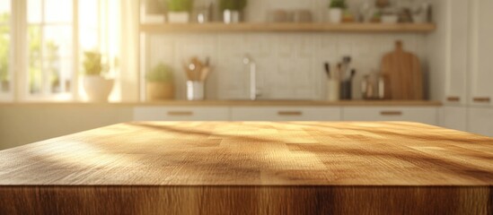 3D rendering of a kitchen table background featuring a wooden countertop set against a blurred clean abstract home interior with bokeh effects ideal for displaying or showcasing a dining setting