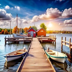 A charming 3D illustration of a wooden dock with colorful boat houses. sailboats. and rowboats at...