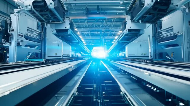 3D render of a robotic conveyor line with robotic arms executing welding operations in an electric vehicle factory. Cutting-edge automation and manufacturing.
