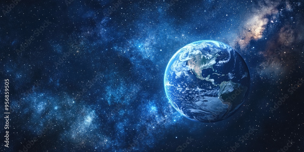 Poster beautiful blue planet earth in space with stars in the background depicted in 3d cartoon rendering