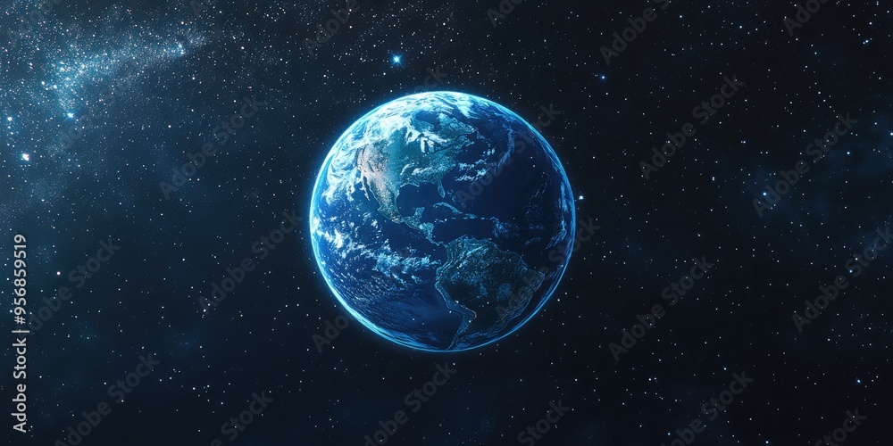 Poster beautiful blue planet earth in space with stars in the background depicted in 3d cartoon rendering