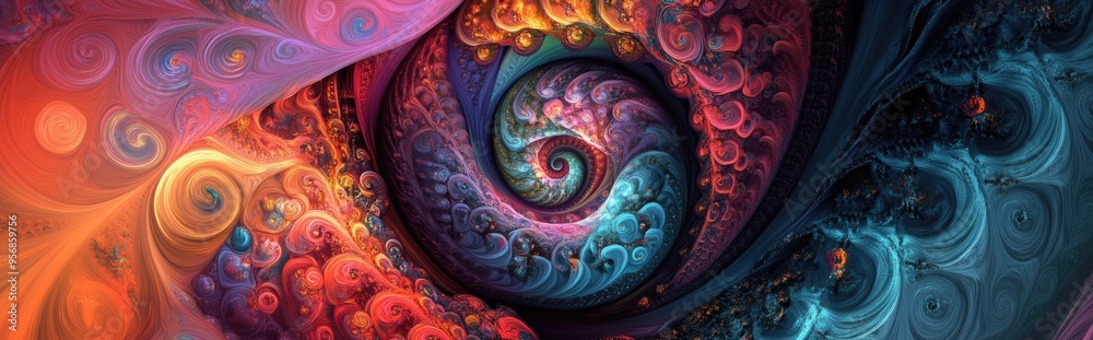 Poster Abstract fractal patterns and shapes in a 3D cartoon rendering Mysterious psychedelic relaxation design with dynamic flowing natural forms and sacred geometry featuring mystical spirals