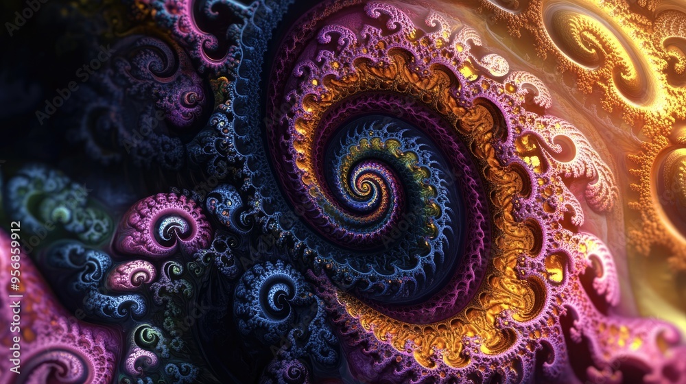 Aufkleber Abstract fractal patterns and shapes in a 3D cartoon rendering Mysterious psychedelic relaxation pattern with dynamic flowing natural forms Sacred geometry featuring mystical spirals Vibrant color