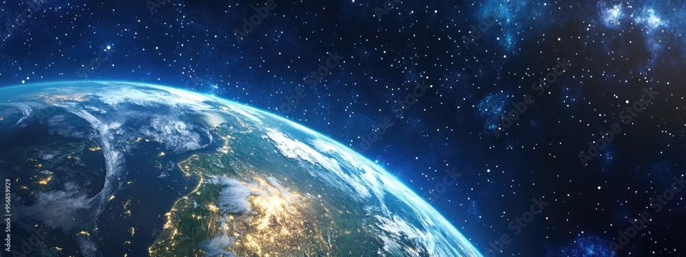 Poster A view from outer space showcasing Planet Earth in a 3D cartoon style featuring dark cosmos with stars and rare clouds of dust along with continents and oceans illustrated in a graphic drawing