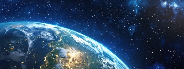 Obraz premium A view from outer space showcasing Planet Earth in a 3D cartoon style featuring dark cosmos with stars and rare clouds of dust along with continents and oceans illustrated in a graphic drawing