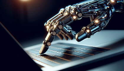 Fototapeta premium A metallic robotic hand poised above a laptop keyboard with intricate mechanical joints and glowing lights. The background is dimly lit emphasizing the high tech features of the robotic hand