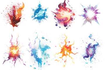 set of magical transformations, showing objects or creatures changing form in a burst of light on a white canvas.