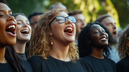 Fototapeta premium Detailed shot of a group of people singing in harmony at a community event, capturing the enthusiasm and connection between the performers.