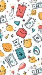 Bright Fun Financial Freedom Pattern with Happy Wallets, Dollar Bills, and Investment Icons in Doodle Style