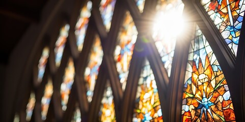 Obraz premium Cross-shaped stained glass window with light streaming through scene