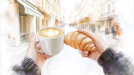 A warm cup of coffee and a fresh croissant, perfect for enjoying in a charming street setting.