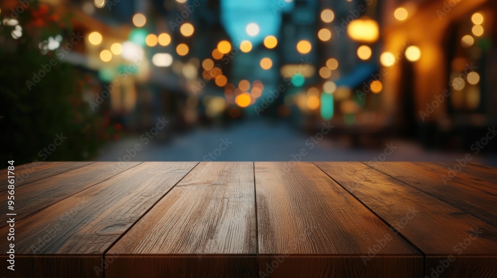 Poster 3d rendering of an empty brown wooden table with a blurred coffee shop background featuring bokeh ef