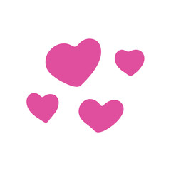 A vibrant illustration featuring a cluster of bright pink hearts of varying sizes on a clean white background