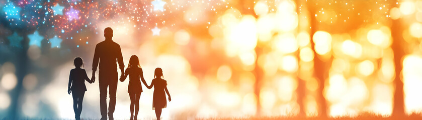 Obraz premium Holographic Family Silhouettes with Glowing Stars concept as A glossy holographic image of family silhouettes with glowing stars above representing dreams and aspirations within a diverse family isola