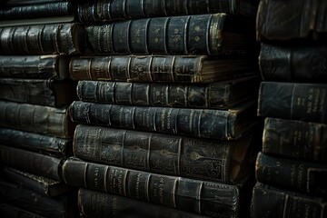 Fototapeta premium timeless knowledge antique leatherbound books stacked in mysterious library light atmospheric photography
