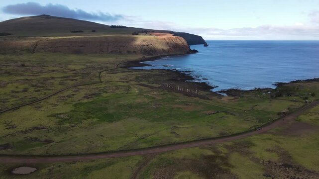 Aerial view of Easter Island - Stone statues from drone, Chile.