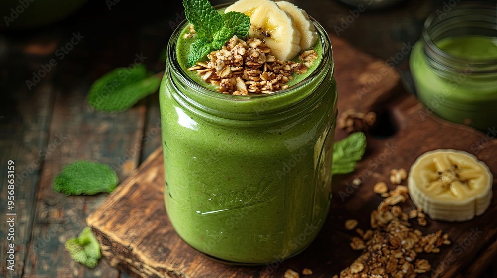 Poster A vibrant smoothie in a mason jar, topped with granola, banana slices, and mint leaves, on a wooden surface