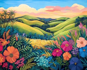 Vibrant oil painting depicting a bright countryside scene with rolling hills and lush greenery