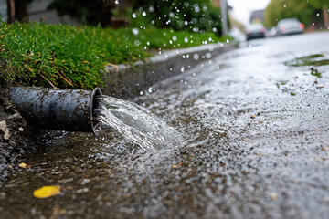 Overflowing Drain Pipe: A torrent of water spills onto the pavement, creating a miniature river in the city.