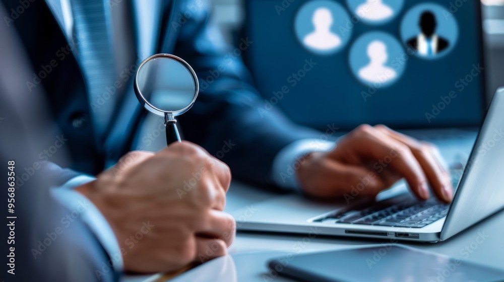 Poster A man is using a laptop with a magnifying glass on it
