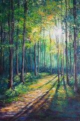 Oil painting depicting a forest blend on a bright summer day