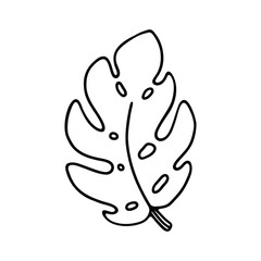 A minimalist black and white illustration of a Monstera leaf with its distinctive split and perforated pattern.