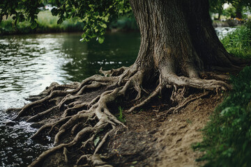 Obraz premium A Tapestry of Roots: Where Earth Meets Water, a Tree's Legacy Unfolds