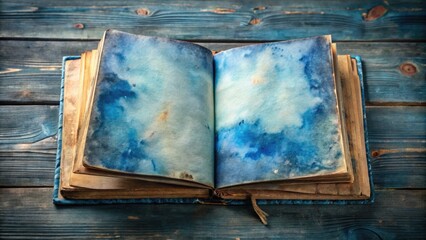 A worn, vintage notebook with indigo-dyed paper pages, adorned with subtle watercolor texture, lies open to a blank spread, evoking nostalgia and creative allure.