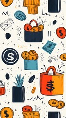 Colorful Seamless Design Showcasing Financial Growth with Doodled Charts, Coins, and Money Bags
