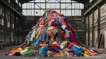 towering mound of discarded colorful textiles symbolizing fast fashion waste set against a stark industrial backdrop