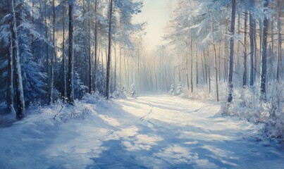 Obraz premium Oil painting depicting a snowy forest showcasing a tranquil natural landscape and serene winter scenery