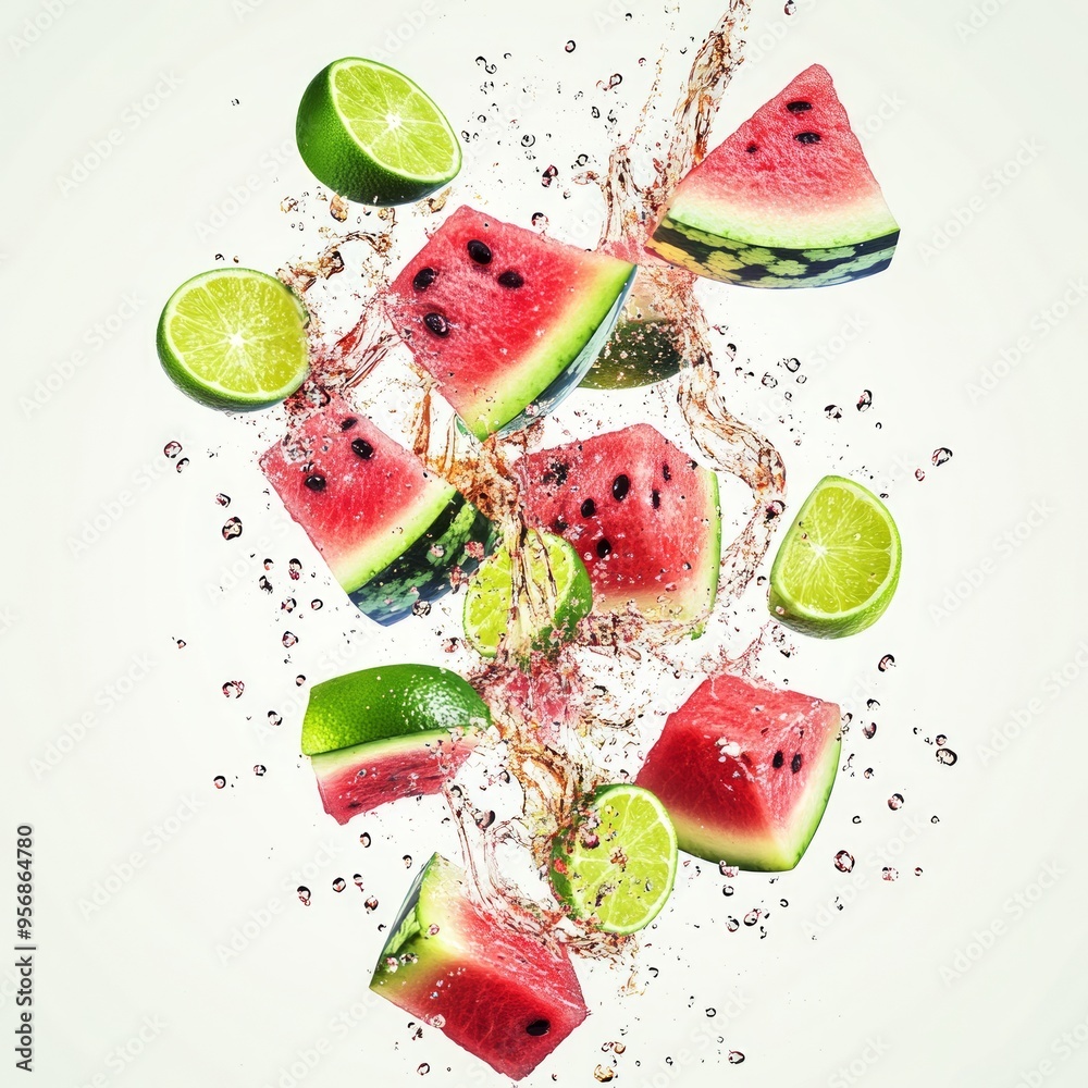 Poster Watermelons and limes in mid-air with splashes of liquid.