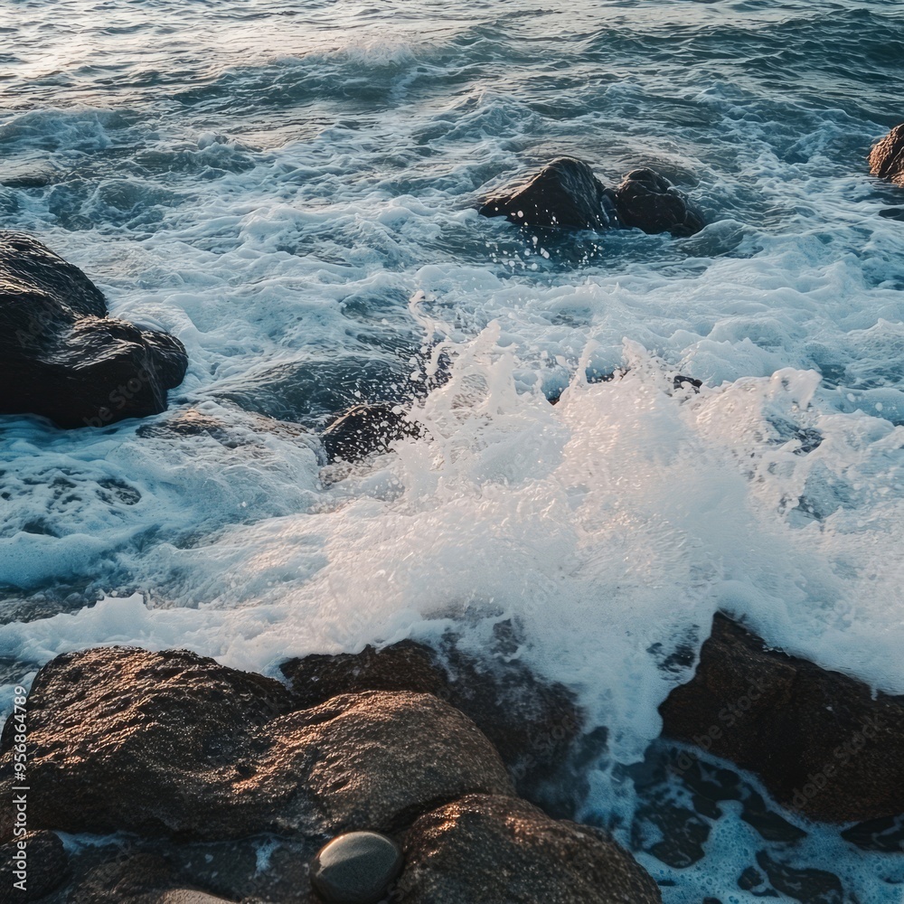 Sticker Waves crashing on rocks at the coast, creating foam and spray.