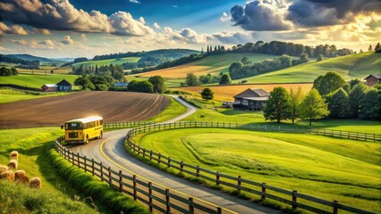 Fototapeta premium A yellow school bus travels down a winding country road lined with green pastures, farmland, and rustic wooden fences on a sunny afternoon.