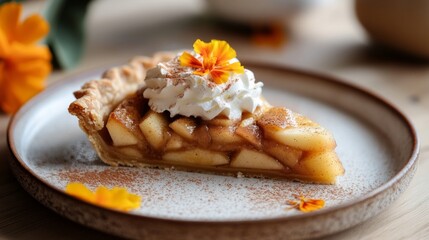 A warm slice of spiced apple pie with hibiscus, topped with whipped cream in a cozy kitchen during Thanksgiving