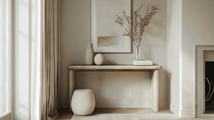 Fototapeta premium Detailed view of a minimalistic entryway with a sleek console table, simple decor, and a calm, neutral color scheme, emphasizing the home's clean design.