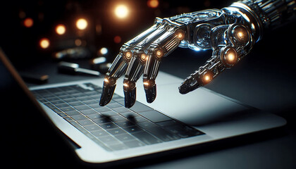 A metallic robotic hand poised above a laptop keyboard with intricate mechanical joints and glowing lights. The background is dimly lit emphasizing the high tech features of the robotic hand