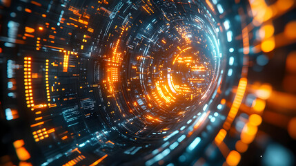 Obraz premium IT professional troubleshooting in a glossy abstract virtual meeting concept as Camera movement Zoom into the screen showing technical troubleshooting with vibrant abstract backgrounds. Scene A tech f