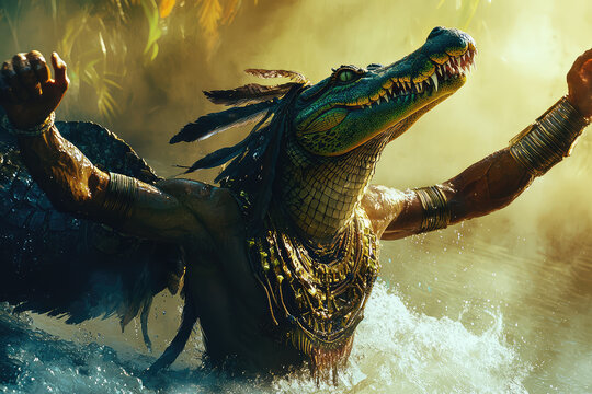 Sobek, the Crocodile God, Rises from the Mist-Shrouded Waters, His Powerful Presence Commanding Attention.