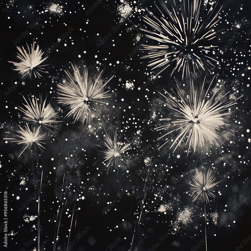 Canvas Prints White fireworks exploding against a dark night sky with scattered stars.